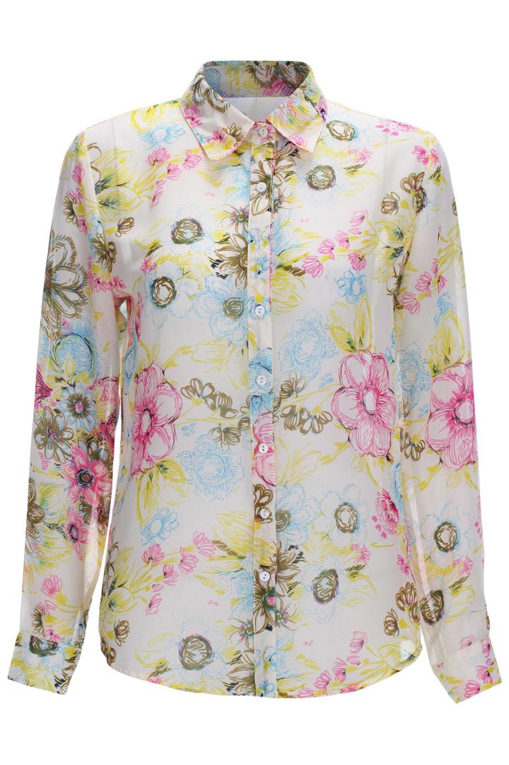 Romwe Romwe Floral Print Long-sleeved Yellow Shirt