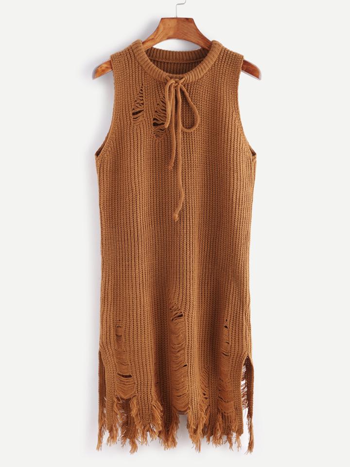 Romwe Khaki Tie Neck Fringe Hem Distressed Sweater Vest