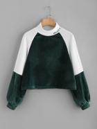 Romwe Slogan Embroidered Neck Velvet Patchwork Sweatshirt