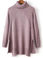 Romwe Purple Turtleneck Side Slit High Low Sweater