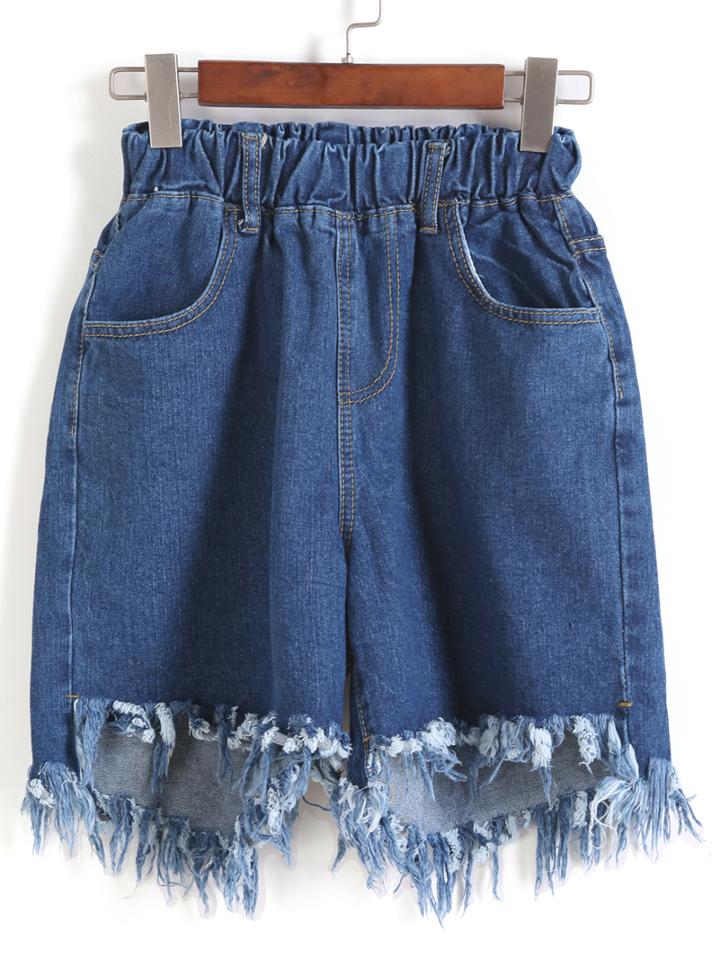 Romwe Elastic Waist Fringe Denim Blue Shorts