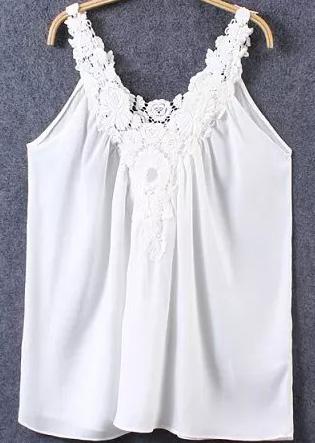 Romwe Lace Crochet Chiffon White Vest
