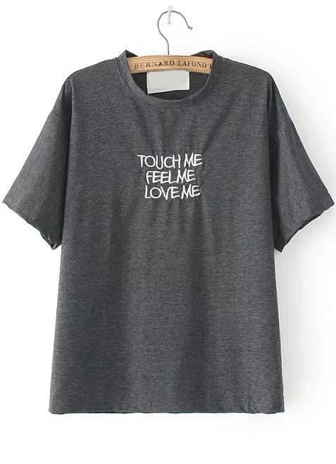 Romwe Letters Embroidered Grey T-shirt