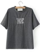 Romwe Letters Embroidered Grey T-shirt