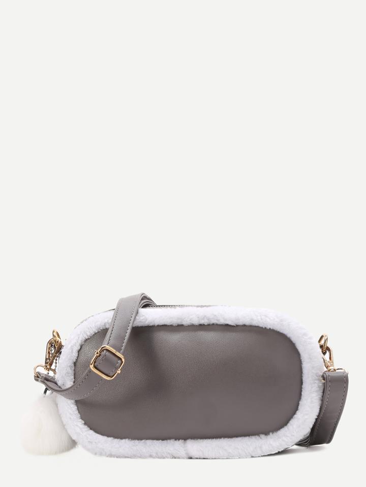 Romwe Grey Faux Fur Trim Pom Pom Charm Bag