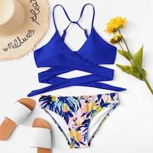 Romwe Criss Cross Top With Floral Print Bikini Set Set