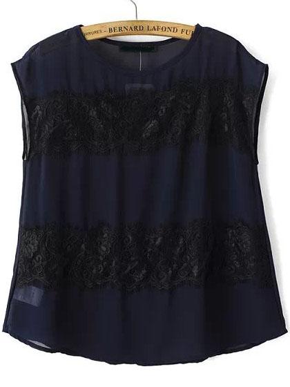 Romwe Navy Eyelash Lace Chiffon Blouse