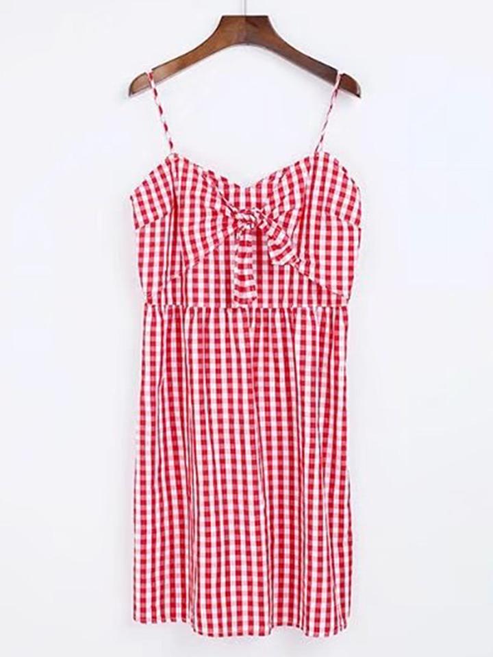 Romwe Knot Front Shirred Detail Plaid Cami Dress