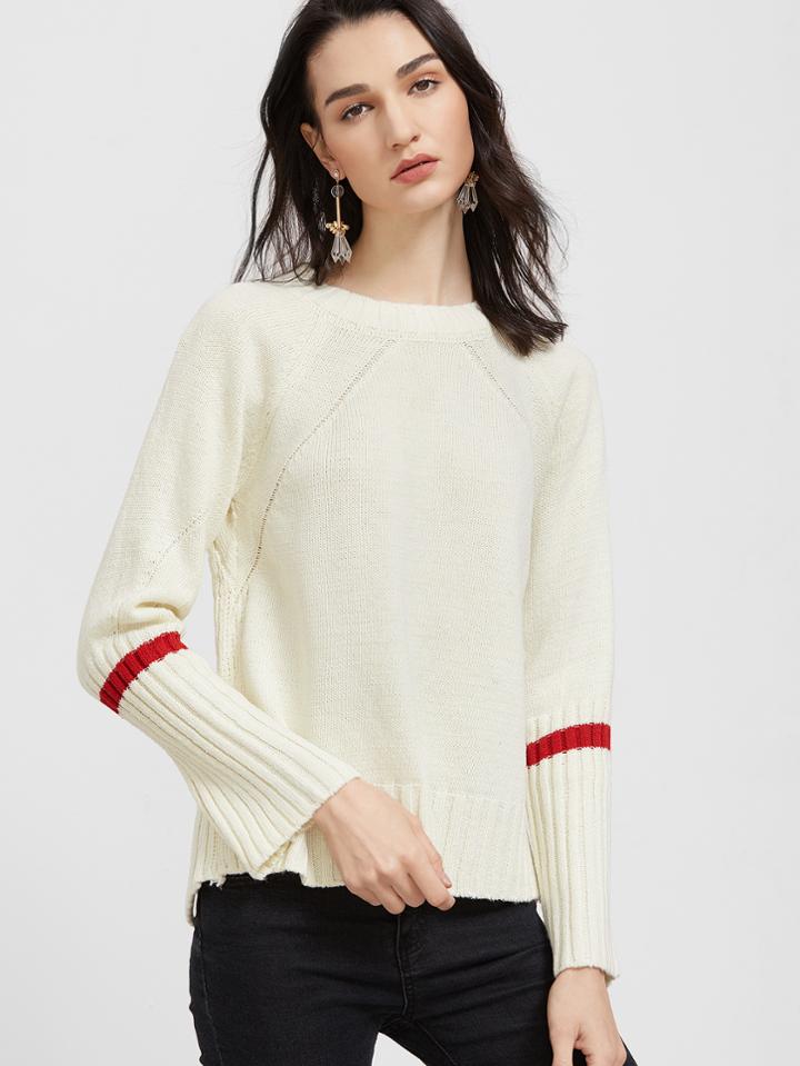Romwe Contrast Trim Raglan Sleeve High Low Slit Eyelet Sweater