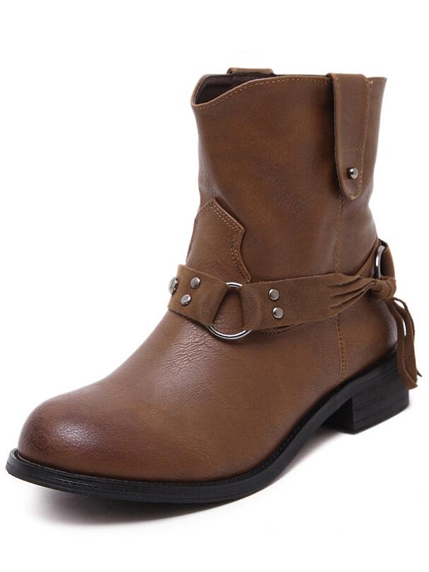 Romwe Brown Round Toe Tassel Studded Boots