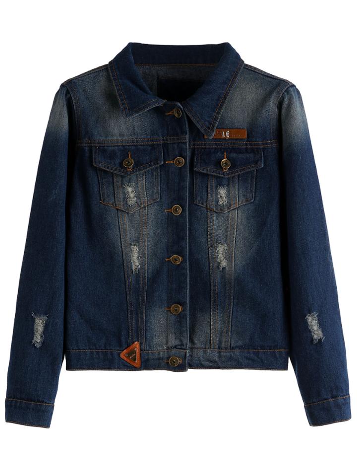 Romwe Dark Blue Bleached Ripped Denim Jacket