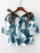 Romwe Open Shoulder Leaf Print Top