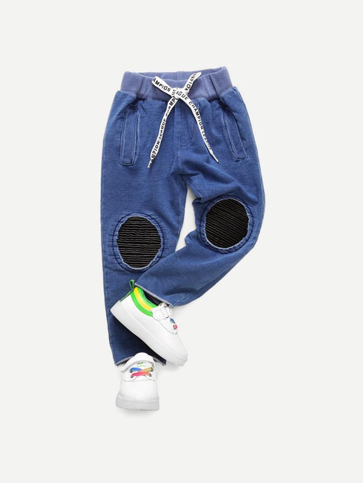 Romwe Patched Drawstring Raw Hem Jeans