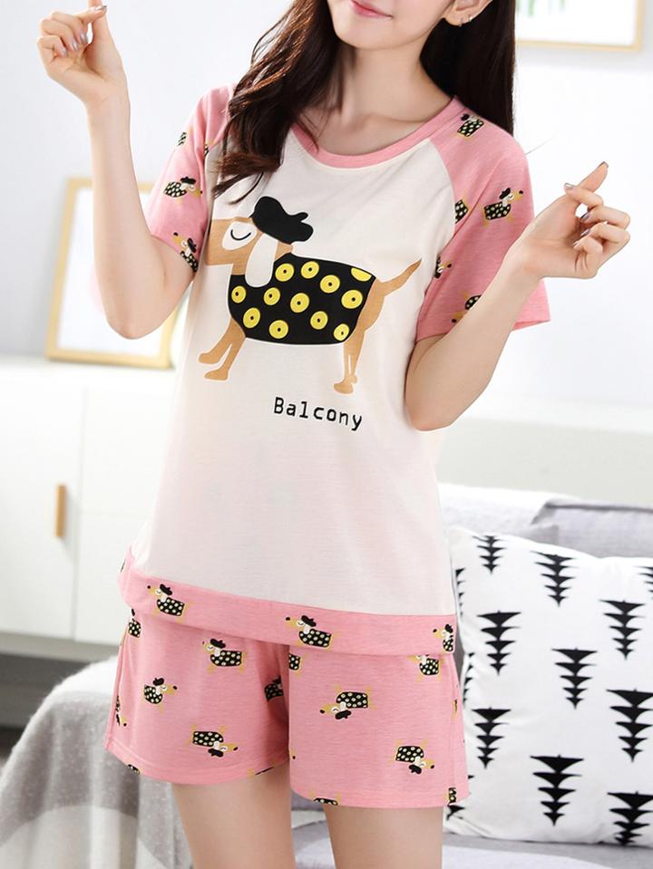 Romwe Cartoon Print Raglan Sleeve Tee & Shorts Pj Set