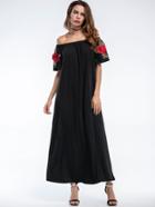 Romwe Bardot Embroidered Appliques Full Length Dress