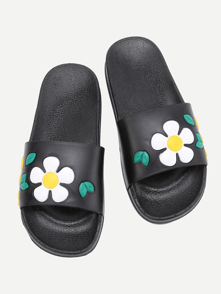 Romwe Flower Design Pu Flat Slides