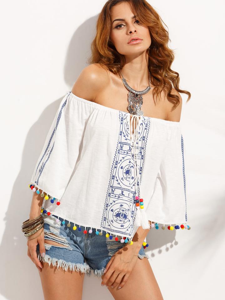 Romwe Blue Print In White Pom-pom Hem Off The Shoulder Blouse
