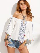 Romwe Blue Print In White Pom-pom Hem Off The Shoulder Blouse