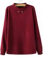Romwe Long Sleeve Loose Burgundy Sweater With Brooche