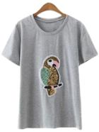 Romwe Grey Short Sleeve Parrot Sequined T-shirt