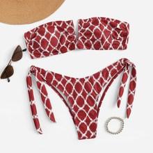 Romwe Argyle Print Ruched Bandeau With Tie Side Bikini