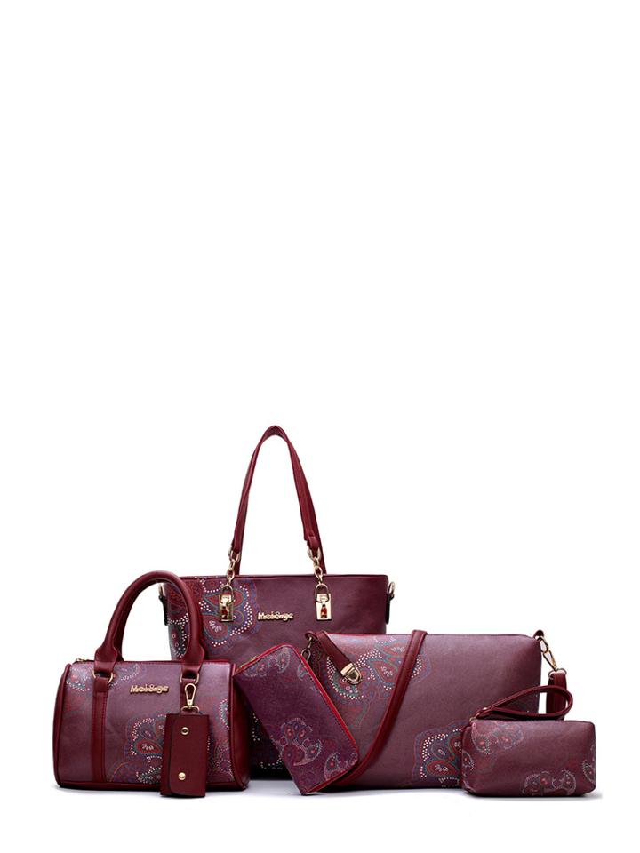 Romwe Paisley Pattern Faux Leather Bag Set 6pcs