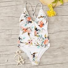 Romwe Floral Cross Back Flounce One Piece Swimsuit