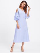 Romwe Open Shoulder Dual V Neck Lantern Sleeve Pinstripe Dress