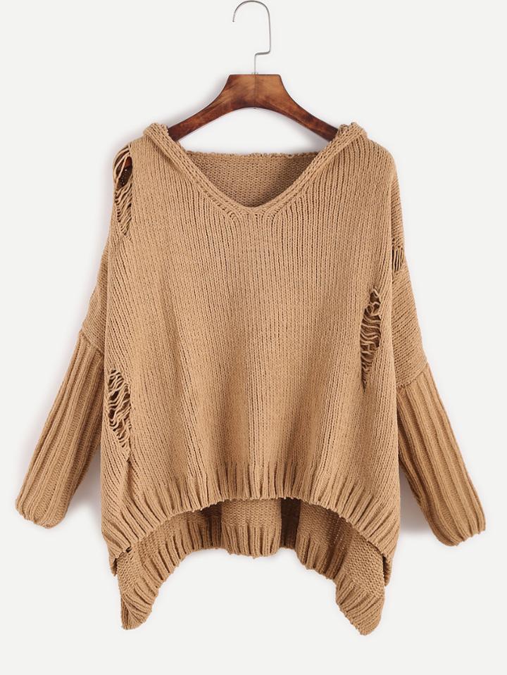 Romwe Khaki Ripped High Low Hooded Sweater