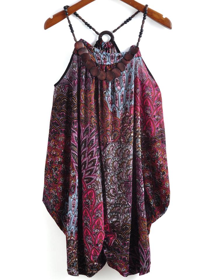 Romwe Spaghetti Strap Bead Floral Red Dress