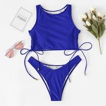 Romwe Tie Side Plain Two Piece Swimwear