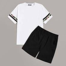 Romwe Guys Striped Sleeve Top & Shorts Pj Set