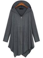 Romwe Hooded Zipper Asymmetrical Grey Coat