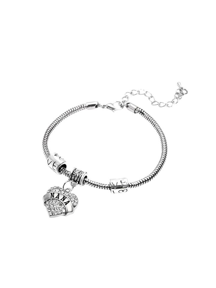 Romwe Silver Rhinestone Encrusted Heart Charm Bangle