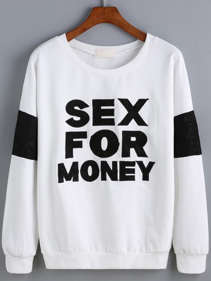 Romwe Contrast Lace Letter Pattern White Sweatshirt