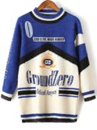 Romwe Blue Color Block Letter Print Crew Neck Sweater