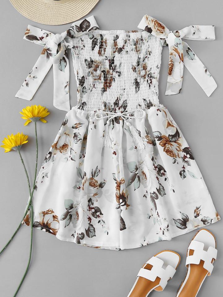 Romwe Floral Print Knot Sleeve Pleated Dress