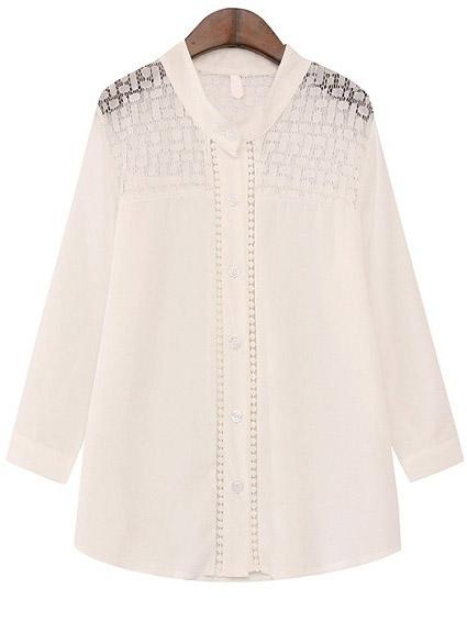 Romwe Lace Paneled Hollow White Blouse