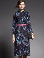 Romwe Multicolor Lapel Long Sleeve Drawstring Pockets Print Dress