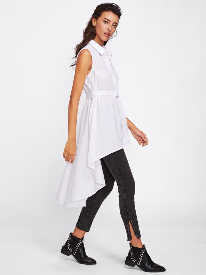 Romwe Dip Hem Self Tie Waist Sleeve Shirt