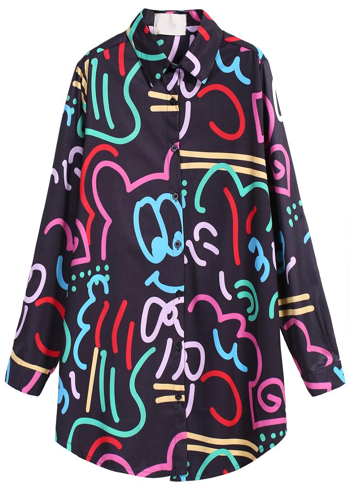 Romwe Graffiti Print Loose Dipped Hem Blouse