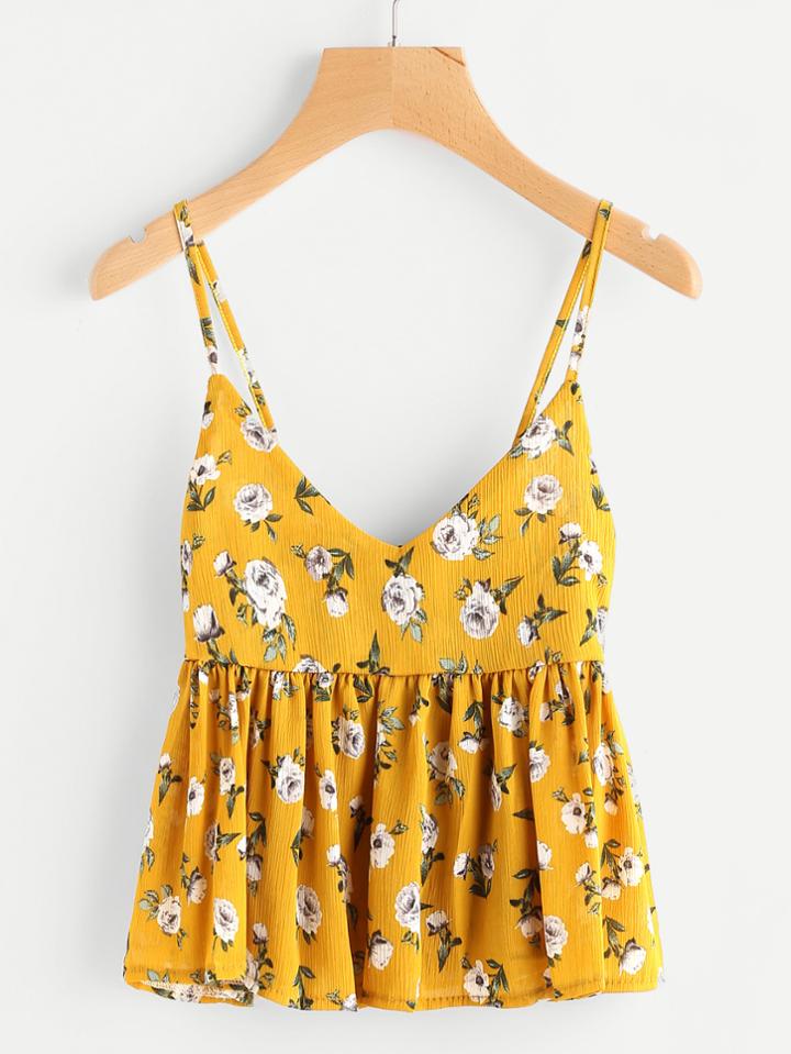 Romwe Floral Print Random Frill Hem Cami Top