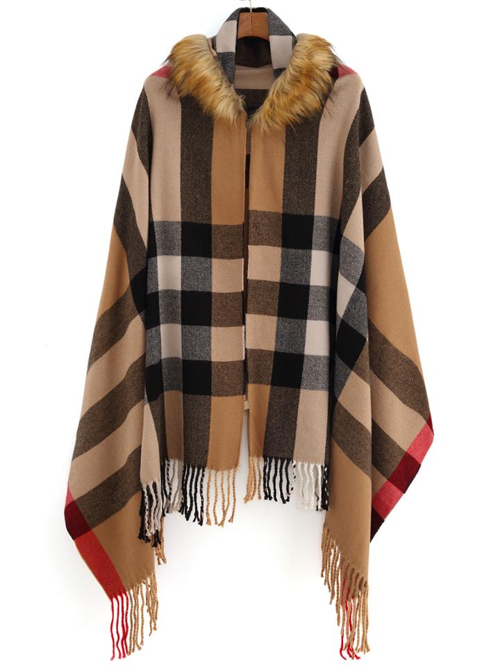 Romwe Khaki Faux Fur Hooded Plaid Tassel Cape