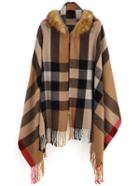 Romwe Khaki Faux Fur Hooded Plaid Tassel Cape