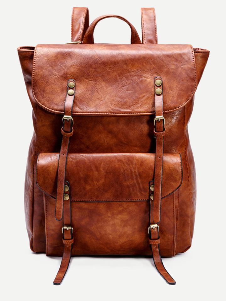 Romwe Khaki Pu Flap Pocket Backpack