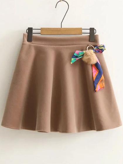 Romwe Khaki Elastic Waist A Line Skirt With Pom