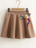 Romwe Khaki Elastic Waist A Line Skirt With Pom