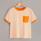 Romwe Neon Orange Striped Pocket Patch Ringer Tee