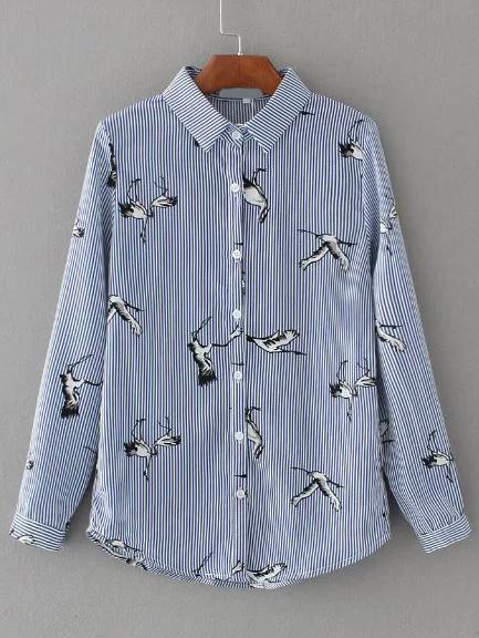 Romwe Blue Vertical Striped Cranes Embroidery Blouse