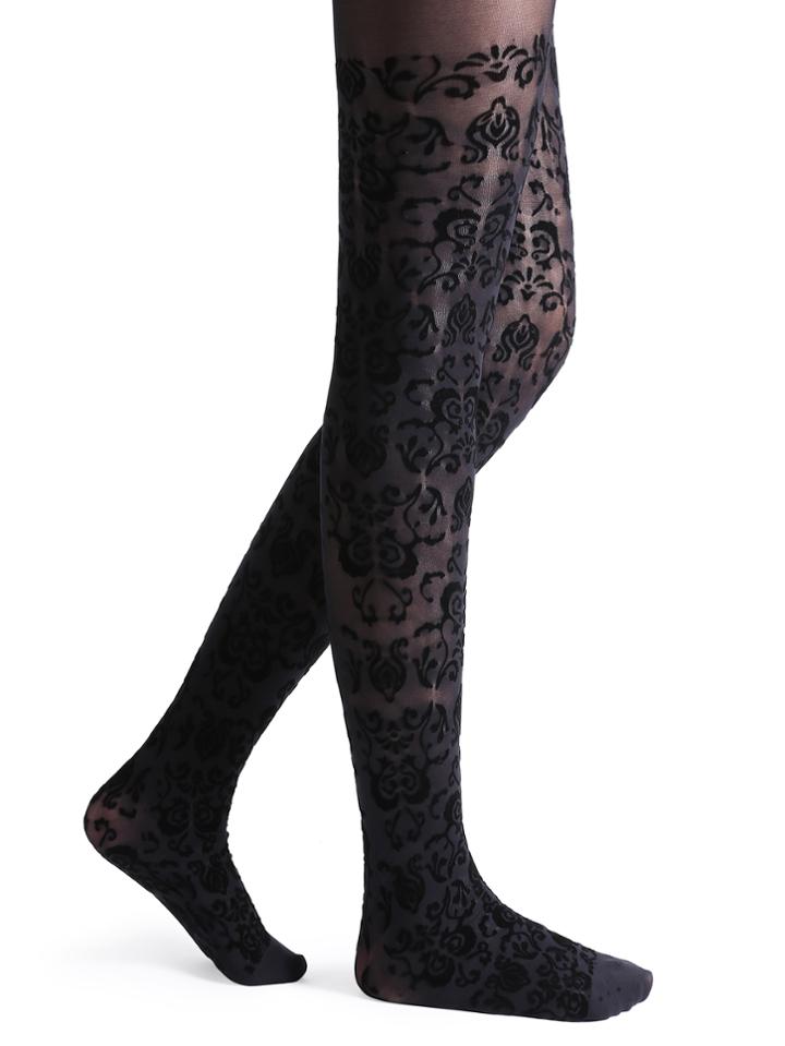 Romwe Black Flocking Floral High Stretch Pantyhose Stockings